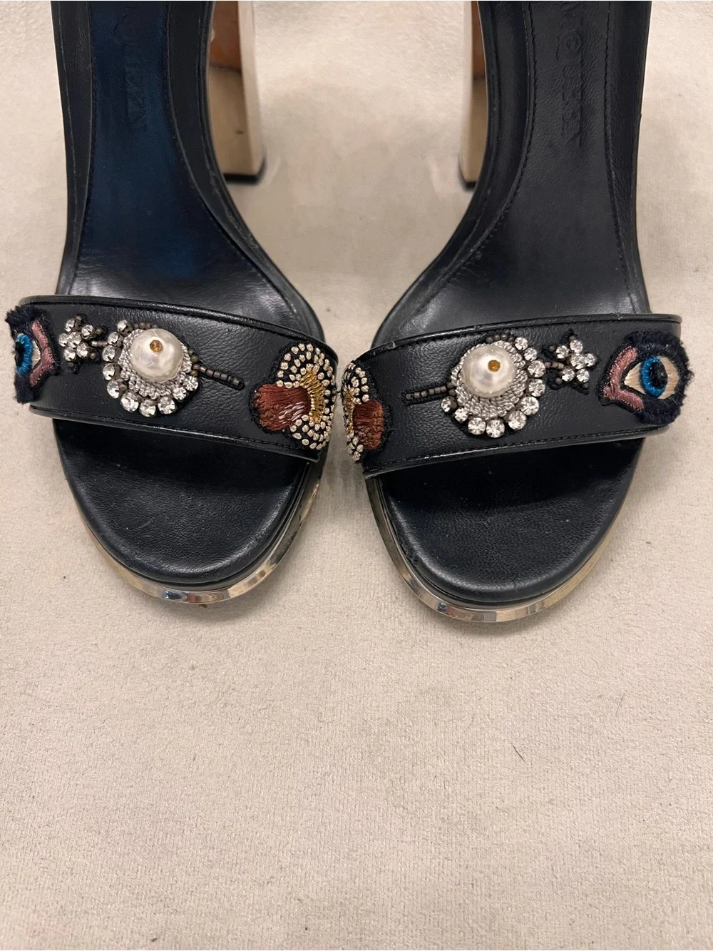 Alexander McQueen Leather Black Embellished Crystal & Embroidered Heel Sandals